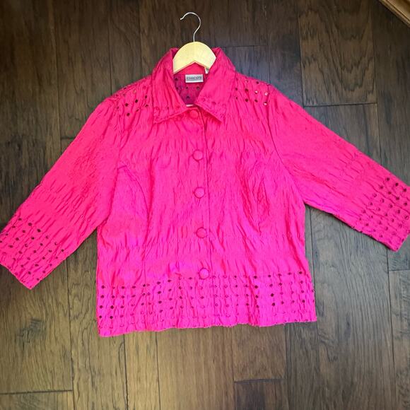 Chico's Hot Pink 3/4 Sleeve Open Front Eyelet Button Up Jacket Cardigan L Sz 2 - Picture 1 of 10